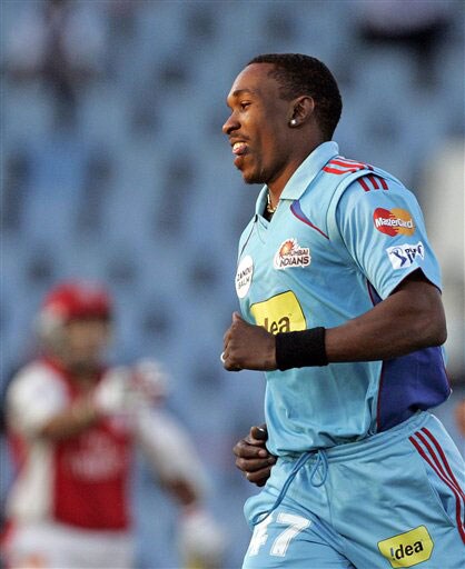 Dwayne Bravo celebrates after running out Irfan Pathan for a duck during the IPL match at the Super Sport Park in Pretoria. (AP Photo) Match 42: MUM vs MOH