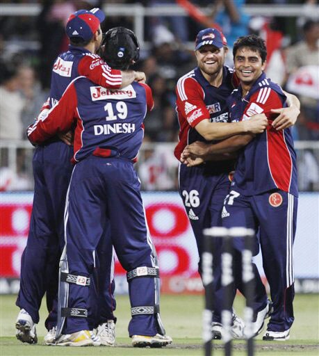 Delhi Daredevils' Rajat Bhatia Dirk Nannes along with other team mates celebrate their teams victory over Deccan Chargers in the IPL match in Durban. (AP Photo) Match 43: DEL vs HYD