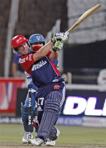 AB de Villiers plays a shot as Adam Gilchrist looks on during their IPL match in Durban. (AP Photo) Match 43: DEL vs HYD