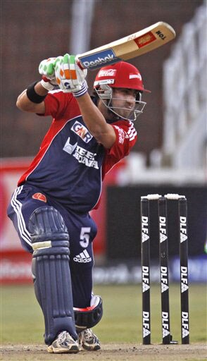 Gautam Gambhir plays a shot against Deccan Chargers during their IPL match in Durban. (AP Photo) Match 43: DEL vs HYD