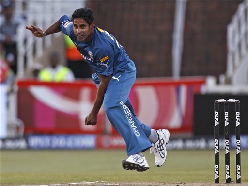 Chaminda Vaas bowls against Delhi Daredevils during their IPL match in Durban. (AP Photo) Match 43: DEL vs HYD