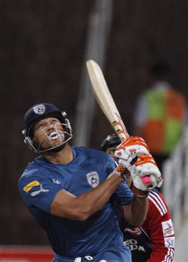 Andrew Symonds plays a shot against Delhi Daredevils during their IPL match in Durban. (AP Photo) Match 43: DEL vs HYD