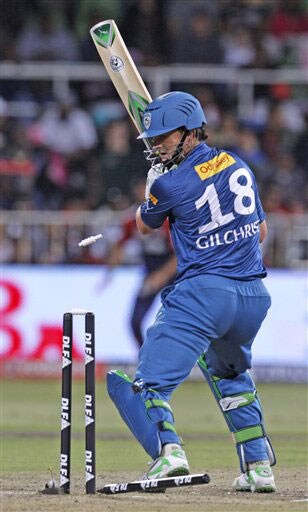 A bail flies in the air for the dismissal of Adam Gilchrist, batting against Delhi Daredevils during their IPL match in Durban. (AP Photo) Match 43: DEL vs HYD
