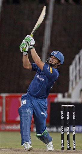 Adam Gilchrist plays a shot against Delhi Daredevils during their IPL match in Durban. (AP Photo) Match 43: DEL vs HYD