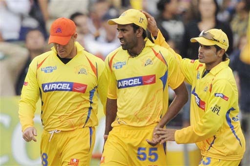 Chennai Super Kings' Matthew Hayden, L Balaji and Joginder Sharma celebrate the dismissal of Mumbai Indians' Sachin Tendulkar during their IPL match at St. George's Park, Port Elizabeth on Saturday. (AFP Photo) Match 47: MUM vs CSK