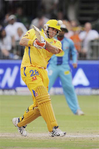 Chennai Super Kings' Matthew Hayden plays a shot during the IPL match against Mumbai Indians at St. George's Park, Port Elizabeth on Saturday. (AFP Photo) Match 47: MUM vs CSK