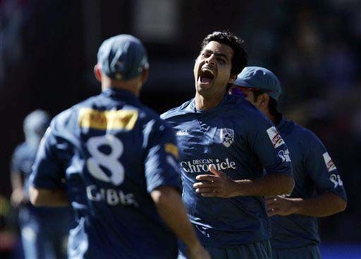 Deccan Chargers' Rudra Pratap Singh celebrates with teammates for dismissing Kings XI Punjab's Irfan Pathan for 17 runs during the IPL match at the Wanderers stadium in Johannesburg on Sunday. (AP Photo) Match 49: HYD vs MOH