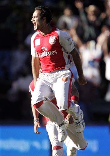 Kings XI Punjab's Irfan Pathan celebrates as they win their IPL match against Deccan Chargers at the Wanderers stadium in Johannesburg on Sunday. (AP Photo) Match 49: HYD vs MOH