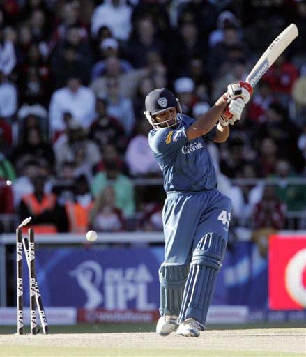 Deccan Chargers' Rohit Sharma is bowled by Kings XI Punjab's Irfan Pathan, for 42 runs during the IPL match at the Wanderers stadium in Johannesburg on Sunday. (AP Photo) Match 49: HYD vs MOH