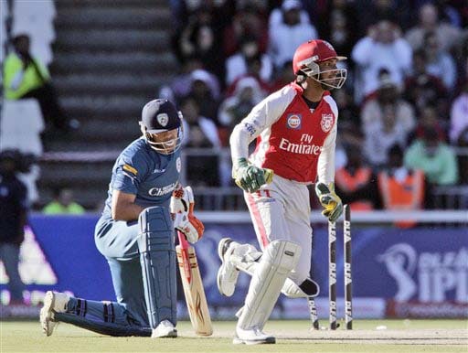 Kings XI Punjab wicketkeeper Kumar Sangakkara celebrates for stumping Deccan Chargers' Andrew Symonds for 25 runs during the IPL match at the Wanderers stadium in Johannesburg on Sunday. (AP Photo) Match 49: HYD vs MOH