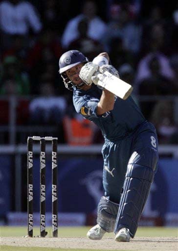 Deccan Chargers' Herschelle Gibbs plays and watches his shot during the IPL match against Kings XI Punjab at the Wanderers stadium in Johannesburg on Sunday. (AP Photo) Match 49: HYD vs MOH