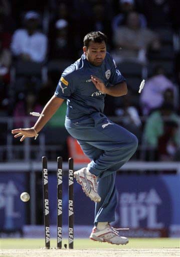 Deccan Chargers' Rohit Sharma reacts as stumps fly after a teammate attempts a run out during the IPL match against Kings XI Punjab at the Wanderers stadium in Johannesburg on Sunday. (AP Photo) Match 49: HYD vs MOH