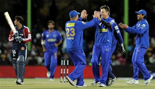 Johan Botha celebrates with teammates after taking the wicket of Tillakaratne Dilshan during their IPL match in Bloemfontein. (AFP Photo) Match 50: DEL vs JAI