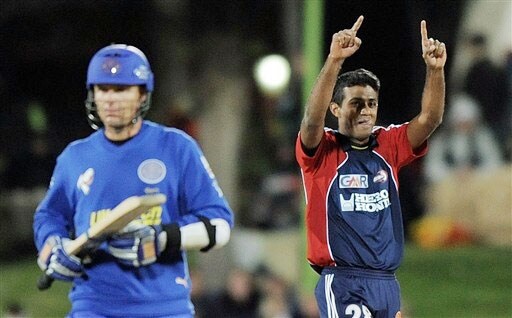 Farveez Maharoof reacts after taking the wicket of Johan Botha during their IPL match. (AFP Photo) Match 50: DEL vs JAI