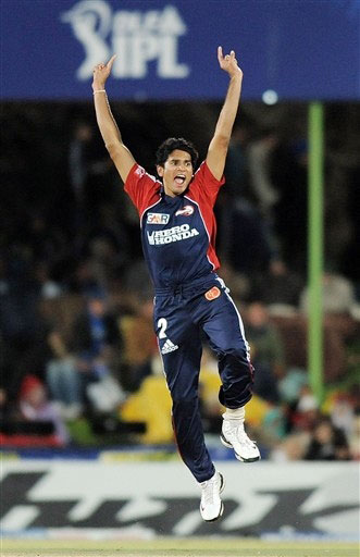 Avishkar Salvi reacts after taking the wicket of Ravindra Jadeja during their IPL match in Bloemfontein. (AFP Photo) Match 50: DEL vs JAI