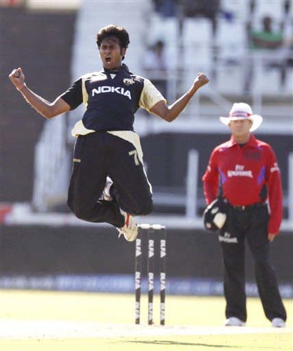 Kolkata Knight Riders' Sourav Sarkar celebrates the dismissal of Rajasthan Royals' Ravindra Jadeja during their IPL match in Durban on Wednesday. (AP Photo) Match 53: JAI vs KKR