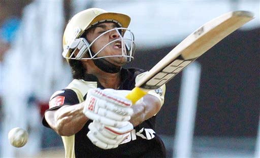 Kolkata Knight Riders' Laxmi Ratan Shukla, misses a shot while batting against Rajasthan Royals during their IPL match in Durban on Wednesday. (AP Photo) Match 53: JAI vs KKR