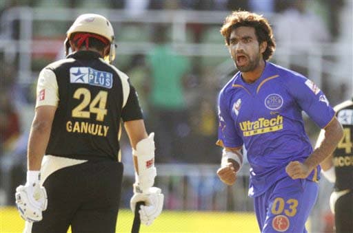 Rajasthan Royals' Munaf Patel celebrates the dismissal of Kolkata Knight Riders' Sourav Ganguly during their IPL match in Durban on Wednesday. (AP Photo) Match 53: JAI vs KKR