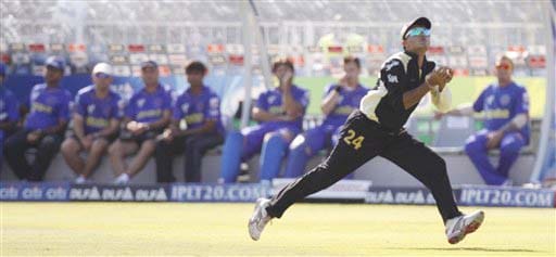 Kolkata Knight Riders' Sourav Ganguly takes a successful catch for the dismissal of Rajasthan Royals' Niraj Patel during their IPL match in Durban on Wednesday. (AP Photo) Match 53: JAI vs KKR