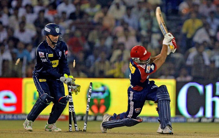 Delhi Daredevils' batsman Yogesh Nagar being dismissed by Deccan Chargers bowler Chaminda Vaas during IPL 3 Match at Barabati Stadium in Cuttack. (PTI Photo) IPL 3: Chargers vs Delhi