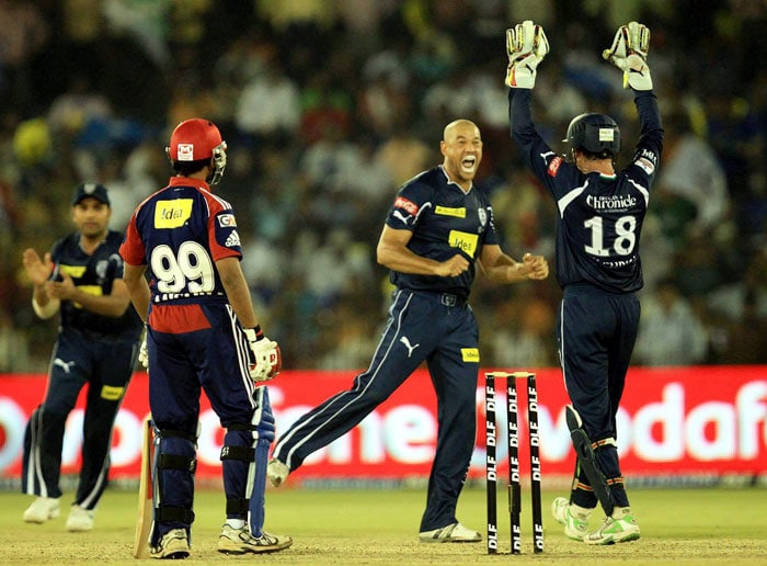 Deccan Chargers bowler Andrew Symonds jubiliates after taking wicket of Delhi Daredevils batsman Amit Mishra during IPL 3 match at Barabati Stadium in Cuttack. (PTI Photo) IPL 3: Chargers vs Delhi