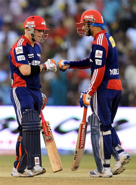 Delhi Daredevils batsman David Warner and Virender Sehwag greets each after hitting a boundary against Deccan Chargers during their Indian Premier League 3 match in Cuttack. (PTI Photo) IPL 3: Chargers vs Delhi