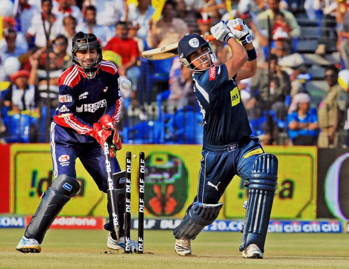 Deccan Chargers' opener Monish Mishra being dismissed by Delhi Daredevils' bowler Amit Mishra during the Indian Premier League 3 match in Cuttack. (PTI Photo) IPL 3: Chargers vs Delhi