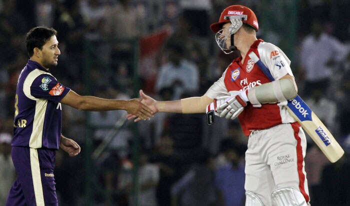 Kings XI Punjab's Brett Lee greets Ajit Agarkar after Kolkata Knight Riders win their Indian Premier League 3 match in Mohali. (PTI Photo) IPL 3: Kolkata vs Punjab