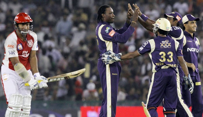 Kolkata Knight Riders' Chris Gayle celebrates with his teammates the dismissal of Kings XI Punjab's captain Kumar Sangakkara during an IPL 3 match in Mohali. (PTI Photo) IPL 3: Kolkata vs Punjab