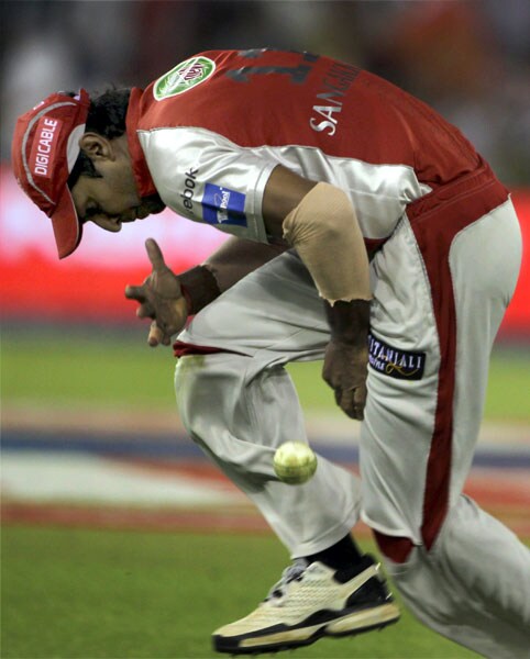 Kings XI Punjab's Kumar Sangakkara drops a catch for the dismissal of Royal Challengers Bangalore's Kevin Pietersen during their Indian Premier League 3 match in Mohali. (PTI Photo) IPL 3: Punjab vs Bangalore