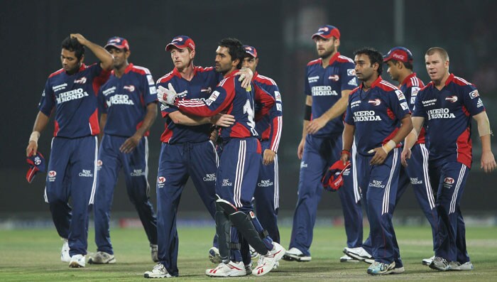 Delhi Daredevils' players celebrate after victory over Royal Challengers Bangalore during the IPL match at Feroz Shah Kotla Stadium in New Delhi. (PTI Photo) IPL 3: Delhi vs Bangalore