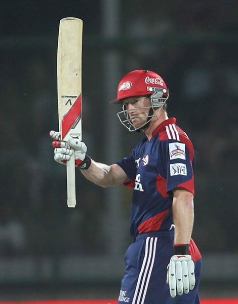 Delhi Daredevils' Paul Collingwood reacts after his half-century during the IPL match against Royal Challengers Bangalore at Feroz Shah Kotla Stadium in New Delhi. (PTI Photo) IPL 3: Delhi vs Bangalore