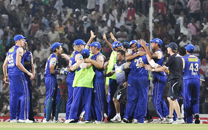 Rajasthan Royals players celebrate victory against Deccan Chargers during the IPL match at VCA stadium in Nagpur. (PTI Photo) IPL 3: Royals vs Chargers