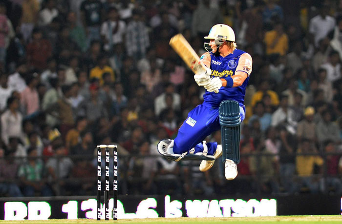 Rajasthan Royals batsman Shane Watson plays a shot during the IPL match against Deccan Chargers at VCA stadium in Nagpur. (PTI Photo) IPL 3: Royals vs Chargers