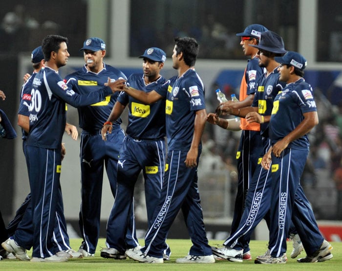 Deccan Chargers players celebrates dismissal of Rajasthan Royals batsman Michael Lumb during the IPL match against at VCA stadium in Nagpur. (PTI Photo) IPL 3: Royals vs Chargers