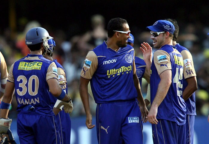 Rajastan Royals' players celebrate the wicket of Hayden during the Indian Premier League 3 match against Chennai Super Kings at the Sardar Patel Stadium in Ahmedabad on Sunday. (PTI Photo) IPL 3: Rajasthan vs Chennai