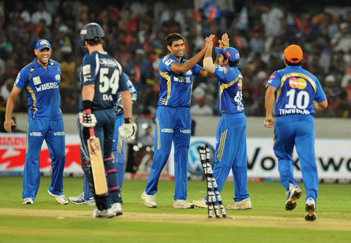 Munaf Patel celebrates the wicket of Daniel Christian during the IPL Twenty20 match between Deccan Chargers and Mumbai Indians at the Rajiv Gandhi International Stadium in Hyderabad. (AFP Photo) IPL 4: Mumbai vs Deccan