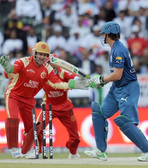 Mark Boucher celebrates the dismissal of Adam Gilchrist, captain of Deccan Chargers during the IPL Twenty20 league final match at The Wanderers Stadium in Johannesburg on May 24, 2009. (AFP Photo) IPL Final: HYD vs BLR