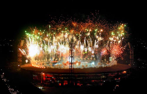 Fire works during the inauguration of the IPL T20 Championship at Chinnaswamy stadium in Bangalore on Friday. (PTI Photo) 1st Match: Knight Riders vs Royal Challengers