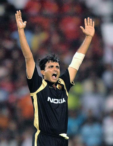 Kolkata Knight Riders' Captain Sourav Ganguly celebrates after the wicket of Bangalore Royal Challengers player Mark Boucher during the inaugural IPL T20 Championship match at Chinnaswamy stadium in Bangalore on Friday. (PTI Photo) 1st Match: Knight Riders vs Royal Challengers
