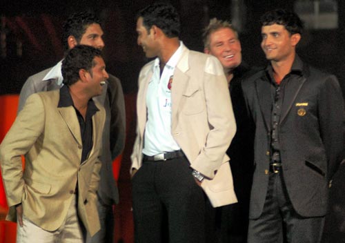 Cricket stars Sachin Tendulkar, Sourav Ganguly, Shane Warne, Yuvraj Singh and VVS Laxman during the inauguration of IPL T20 Championship at Chinnaswamy stadium in Bangalore on Friday. (PTI Photo) 1st Match: Knight Riders vs Royal Challengers