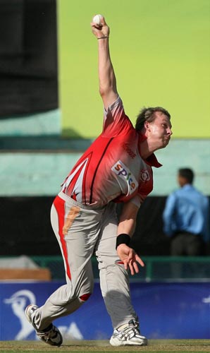 Kings XI Punjab player Brett Lee bowls during their match against Delhi Daredevils in IPL Championship at Mohali on Sunday. (PTI Photo) 13th Match: Kings XI Punjab vs Delhi Daredevils