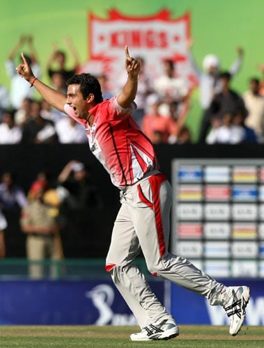 Kings XI Punjab player V R V Singh after dismissing Shaoib Mallik of Delhi Daredevils team during the IPL Championship at Mohali on Sunday. (PTI Photo) 13th Match: Kings XI Punjab vs Delhi Daredevils