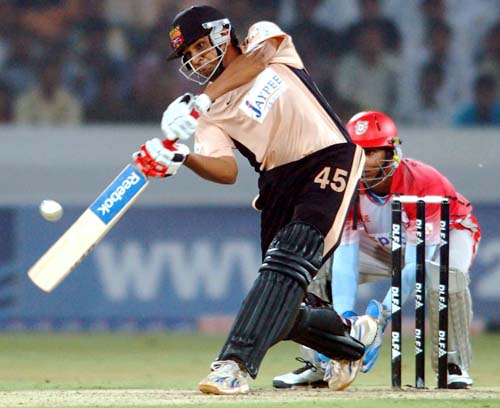 With Hyderabad's wickets falling in a heap, it was left to Rohit Sharma to counter-attack the Kings XI bowlers. (PTI Photo) 19th Match: Deccan Chargers vs Kings XI