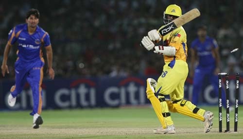 Sohail Tanvir cleaned up Muttiah Muralitharan for his fifth wicket of the innings in just 16 deliveries bowled. — <i>PTI Photo</i> 24th Match: Rajasthan Royals vs Super Kings