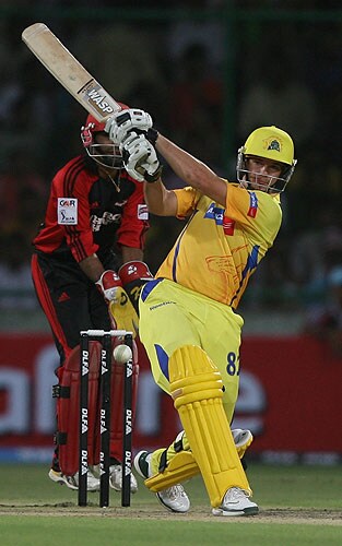 Albie Morkel played a short but blazing knock of 30 runs in 15 balls before Sehwag's direct throw from mid-on put an end to his innings. (PTI Photo) 28th Match: Super Kings vs Daredevils