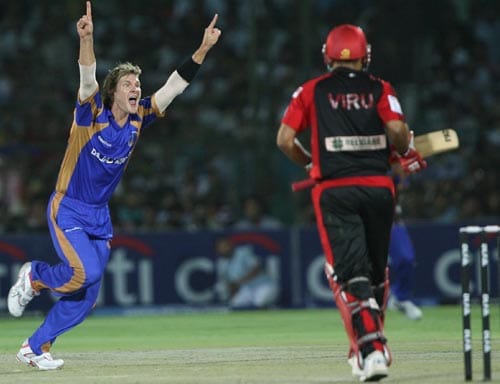 Shane Watson had a huge impact on Sunday's game. He removed Delhi captain Virender Sehwag and from there on, Rajasthan were on top. — <i>PTI Photo</i> 33rd Match: Rajasthan Royals vs Delhi Daredevils
