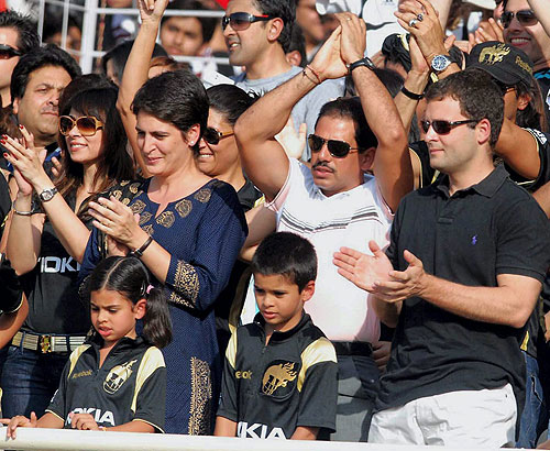 Priyanka Vadra, her husbands Robert Vadra with their kids, and Rahul Gandhi applaud during the IPL match between Kolkata Knight Riders and Deccan Chargers at Eden Gardens in Kolkata on Sunday. (PTI Photo) 4th Match: Kolkata Knight Riders vs Deccan Chargers