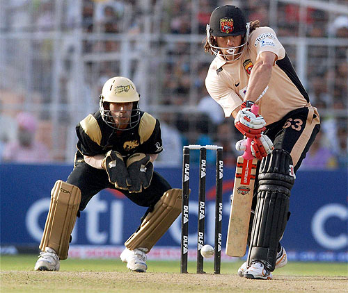 Deccan Chargers' Andrew Symonds in action against 'Kolkata Knight Riders' during IPL match at Eden Gardens in Kolkata on Sunday. (PTI Photo) 4th Match: Kolkata Knight Riders vs Deccan Chargers