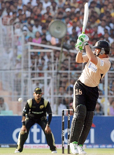 Deccan Chargers' Adam Gilchrist hits a boundary against 'Kolkata Knight Riders' during IPL match at Eden Gardens in Kolkata on Sunday. (PTI Photo) 4th Match: Kolkata Knight Riders vs Deccan Chargers